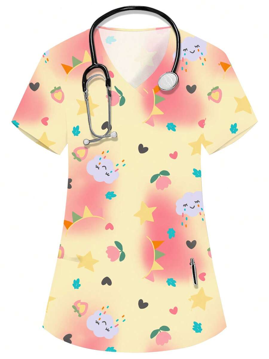 PopScrub Áo nữ màu vàng cổ chữ V tay ngắn hai túi họa tiết hoạt hình dễ thương, in hình mây đáng yêu, áo đồng phục y tá bác sĩ, đồng phục làm việc cho người chăm sóc thú cưng, áo khoác phòng thí nghiệm dinh dưỡng, trang phục làm việc nhiều túi tiện dụng, trang phục ngày lễ tiện dụng cho nữ, dễ thương - Màu vàng - Xem 1