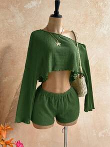 Soleia Conjunto de 2 piezas de top corto de manga larga con hombro asimétrico y textura de tela, y shorts para mujer, para verano - Verde Oscuro - Ver 7