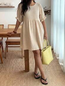 Enliva 大码女式宽松短袖休闲棉质连衣裙，适合苹果型和圆润身材，夏季穿着 - 杏色 - 查看 5