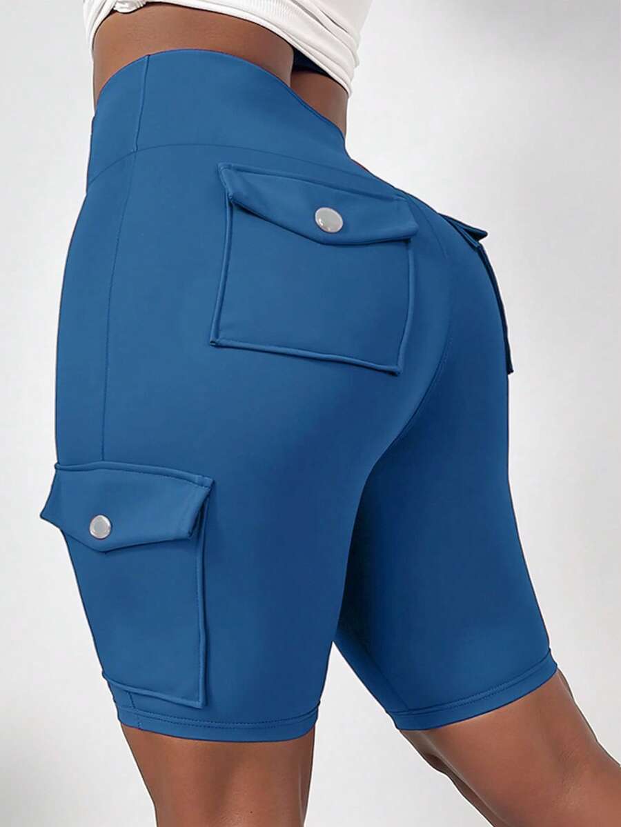 SHEIN LUNE Quần short chạy bộ cỡ lớn cạp cao, gập gấu, có túi, giúp định hình vòng ba và nâng mông. - Màu xanh ngọc - Xem 1