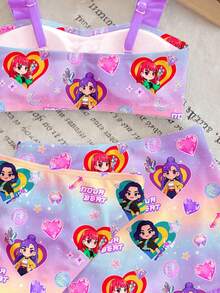 SHEIN Young Girl Letter & Cartoon Print Bikini Set With Mini Skirt, Suitable For Summer Vacation & Beach - Multicolor - View 8