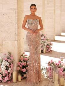 Glamrae 优雅奢华的亮片、串珠和刺绣网纱面料性感无肩带美人鱼舞会礼服，适合婚礼、派对、度假、晚宴、正式场合。 - 香檳色 - 查看 8