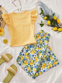 两件套女童针织纹理圆领泡泡袖上衣搭配印花直筒裤，休闲度假风，适合春夏日常穿着及度假。 - 黃色 - 查看 2