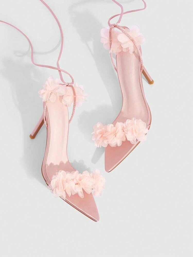 CUCCOO SZL Women Shoes Pink Satin Satin Flower Decoration Back Lace-Up Fashionable Sexy Pointed Stiletto Sandals Prom Heels
