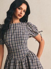 Poéselle Đầm ngắn xếp ly kẻ caro dành cho nữ, thời trang cho các buổi hẹn hò và tiệc tùng. - Màu xanh hải quân - Xem 6