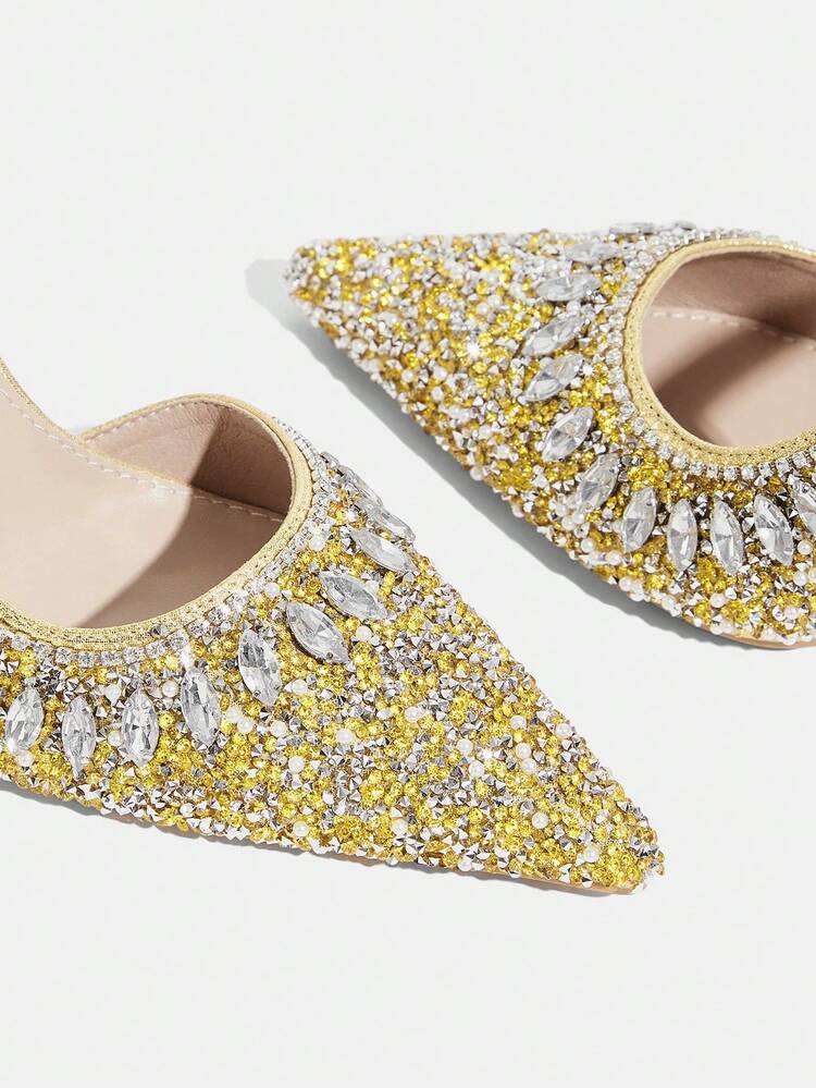 CUCCOO TILAWA Women Shoes Gold New Pointed Stiletto Back Lift Fashion Gorgeous Rhinestone Sexy Banquet Party Night Club Women's High Heel Shoes Slingback Shoes Women's Shoes