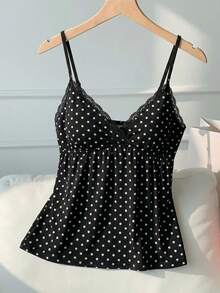 Comfortcana 大码女式波点印花性感撞色蕾丝吊带背心 - 黑與白 - 查看 10