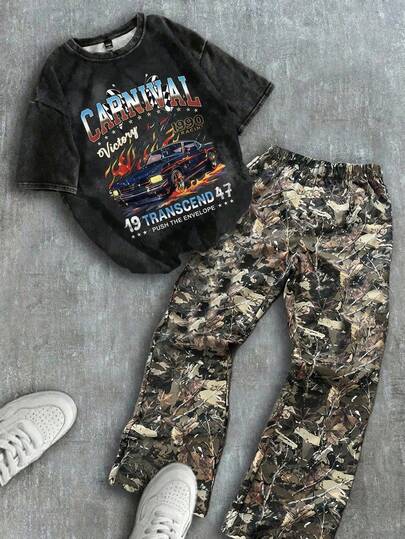 SHEIN 青少年男童休闲街头运动雪花赛车图案T恤和喇叭裤两件套，适合通勤、上学、日常休闲穿着、运动、春夏穿着