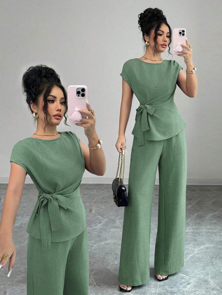 Elenzga Áo sơ mi nữ thanh lịch, màu xanh dương, xếp ly, eo điều chỉnh được, thắt nơ + Quần ống rộng, cạp cao, có túi, thanh lịch, phù hợp cho công sở - màu xanh lá - Xem 1