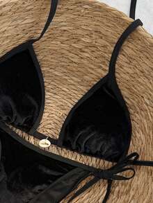 Swim Vcay Conjunto de bikini de 2 piezas con tirantes de espagueti, cuello halter, espalda descubierta y lazos laterales, de terciopelo negro, para primavera/verano 2026 para mujeres - Negro - Ver 5