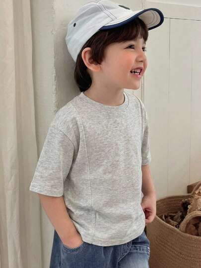 Hapijoa Áo thun ngắn tay cổ tròn màu trơn cho bé trai, kiểu dáng thường ngày, đa năng, thích hợp mặc mùa hè.