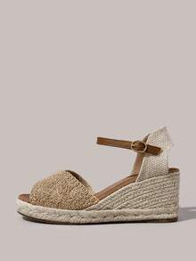 Styleloop Giày sandal đế xuồng cao gót cho nữ, chất liệu vải dệt rỗng, gót dây thừng, phụ kiện không thể thiếu cho kỳ nghỉ, phong cách bohemian, lễ hội âm nhạc, trang phục dự tiệc, phong cách retro Mỹ, trang phục đi nghỉ mát, đồ dùng cần thiết khi đi du lịch. - Màu be - Xem 3
