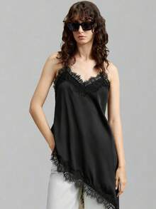 Ontre 蕾丝女士黑色缎面弹力面料舒适不对称下摆吊带长款上衣，现代都市休闲商务时尚办公室着装，复古邮轮婚礼宾客礼服，圣诞节晚宴新年节日派对氛围。 - 黑色 - 查看 4