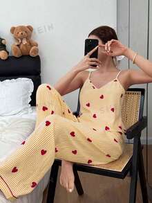 SHEIN 女士泡泡褶皱条纹爱心印花吊带背心和裤子睡衣套装 - 黃色 - 查看 4