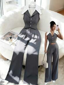 SHEIN Elenzya Elegant Sleeveless Vest & Pleated Pocket Suit Pants Two Pieces Set For Women, Summer - Grey - View 8