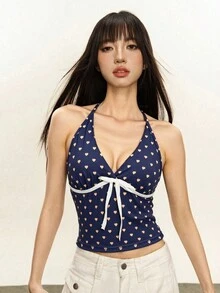 Rina Fox Áo hai dây buộc phía trước in hình trái tim dành cho nữ - Đỏ - Xem 1