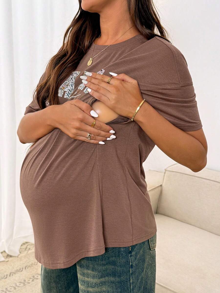 SHEIN Áo thun ngắn tay cổ tròn in chữ dành cho bà bầu - màu nâu - Xem 1