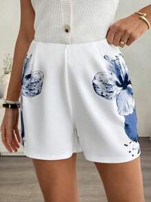 EMERY ROSE Women's Casual High Waist Bodycon Shorts With Blue Ink Floral Print And Side Splits Women Summer Shorts White Shorts High Waist Shorts Women Shorts With Floral Print - Multicolor - View 3