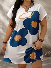 SHEIN LUNE Casual Minimalist Color Block Pattern Loose Short Sleeve Plus Size Dress, Suitable For Summer - Multicolor - View 4