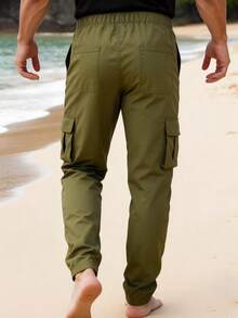 Manfinity Homme Men's Solid Color Casual Pants Men Cargo Pants Army Green - Green - View 3