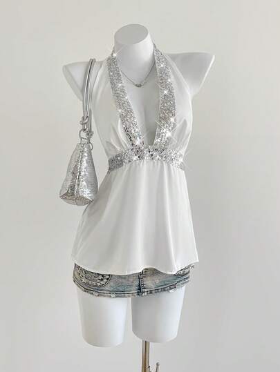 Elamini Sexy Sequin Decor Backless Halter Neck Top, Summer