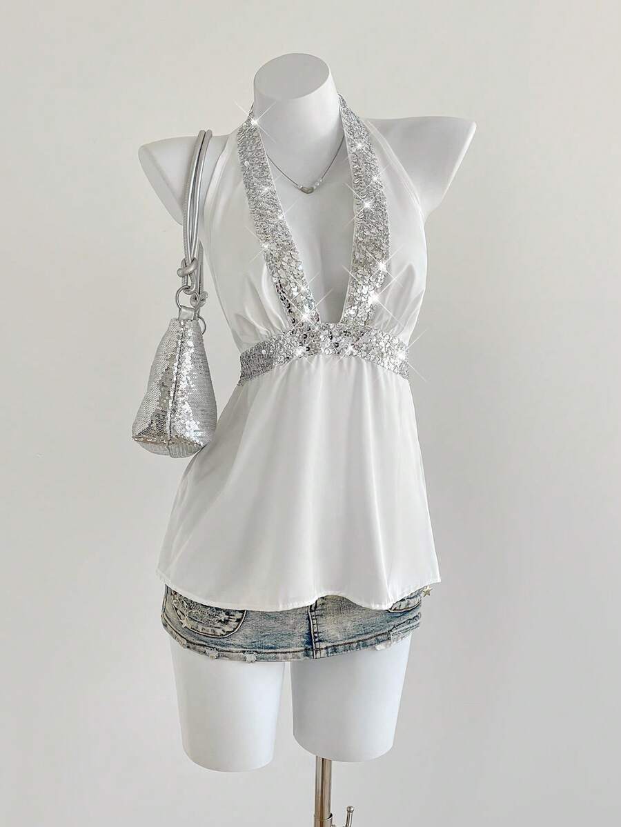 Elamini 性感亮片装饰露背吊带上衣，夏季 - 彩色 - 查看 1