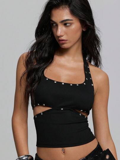 TypaGal Y2K Sexy Summer Black Stylish Chic Bold Modern Women's Fashion Carnival Party Beach Vacation Street Casual Solid Color Rivet Design Cutout Waist Halter Neck Tank Top