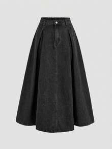 SHEIN Girlism Teen GirlNavy Blue Denim Pleated Mini Skirt - Black - View 2