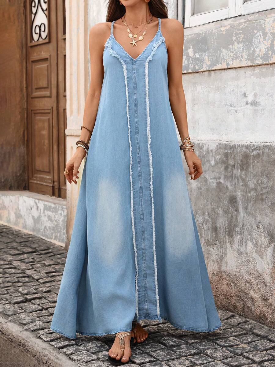 Breezaya Women's Casual Washed Frayed Strap Denim Dress, Summer - Blue - View 1
