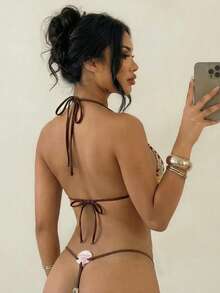 Swim SXY 春夏提花针织露背吊带比基尼上衣和丁字裤女士性感泳装套装，适合海滩度假 - 彩色 - 查看 1