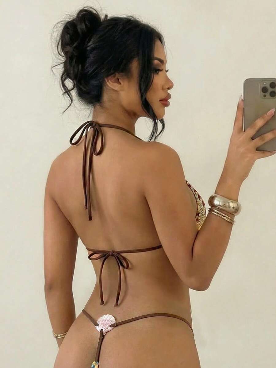 Swim SXY 春夏提花针织露背吊带比基尼上衣和丁字裤女士性感泳装套装，适合海滩度假 - 彩色 - 查看 1