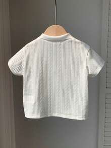 SHEIN 可爱休闲条纹Polo领短袖上衣，适合居家、外出、春夏旅行 - 白色 - 查看 3