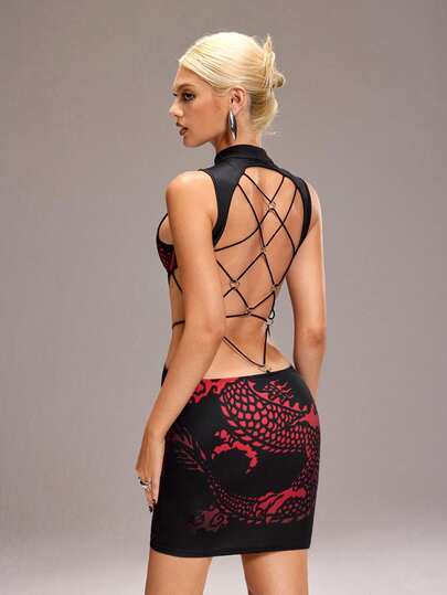 Shutterstock Y2Kool Rochie mini Qipao Y2K, neagră, fără mâneci, cu imprimeu de dragon, strâmtă, sexy, scobită în scobitură, design încrucișat, fără spate