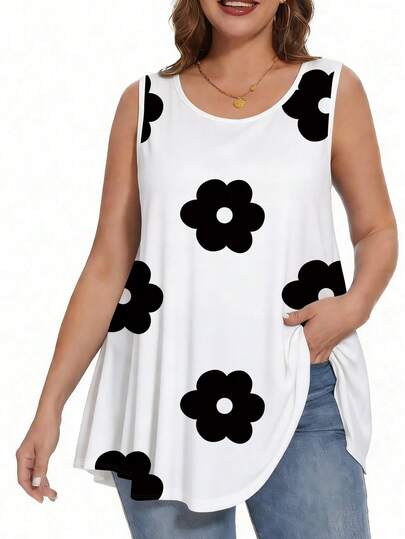 SHEIN LUNE Áo vest không tay in họa tiết cỡ lớn, kiểu dáng thường ngày.