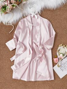 女童香槟色极简长袖睡袍 - 藕粉色 - 查看 5