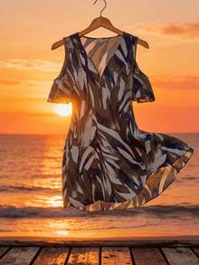 EMERY ROSE 大码女式休闲印花露肩短裙 - 綠色 - 查看 1