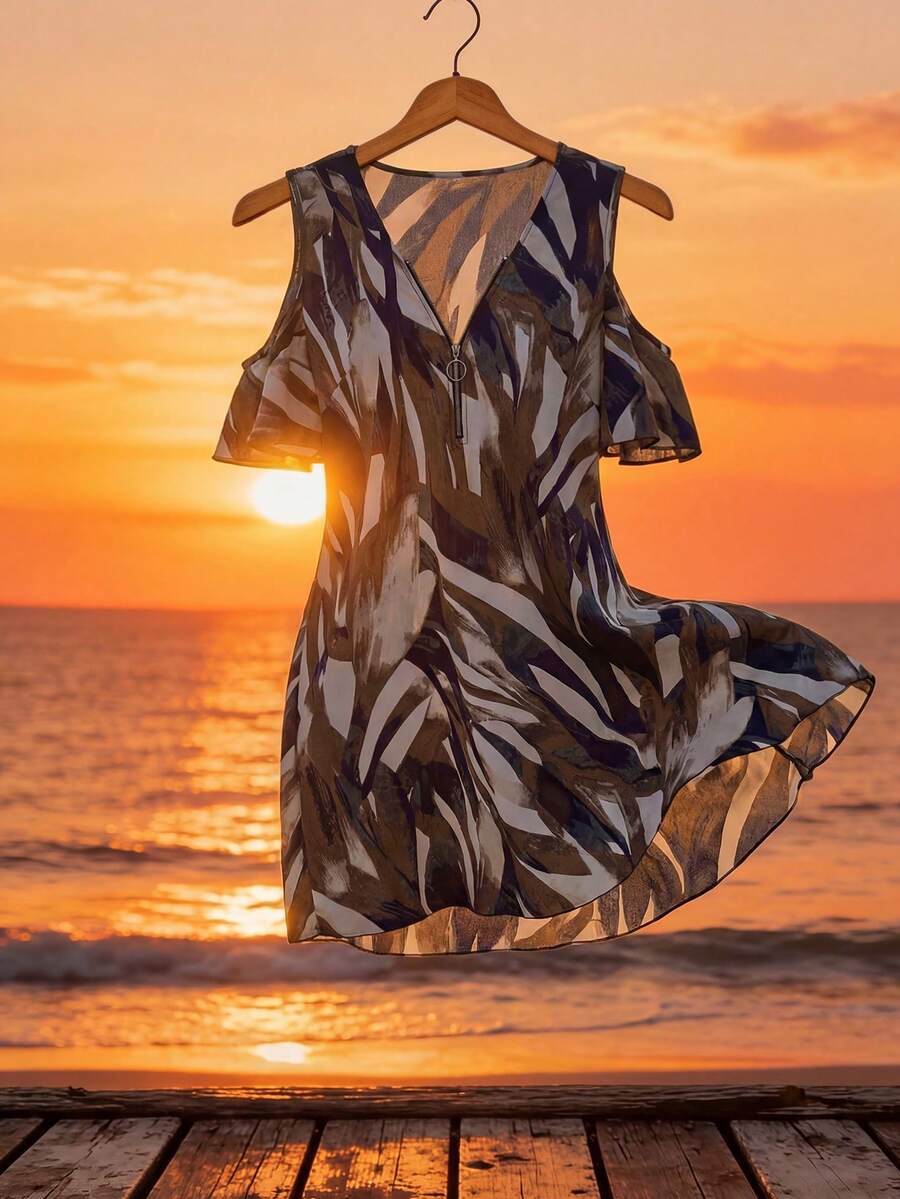 EMERY ROSE 大码女式休闲印花露肩短裙 - 綠色 - 查看 1