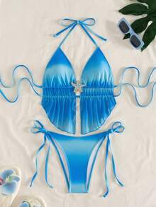 Bộ đồ bơi 2 mảnh Bonvoyette, họa tiết sao biển ngẫu nhiên chuyển màu, áo tam giác hai dây và quần buộc dây bên hông, kiểu dáng gợi cảm dành cho nữ, thích hợp cho mùa xuân/hè. - Màu xanh lam - Xem 7