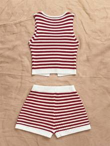 Soleia Women's Casual Summer Set, Striped Sleeveless Knit Top+Shorts Two Pieces Short Ribbed In Fall/Winter - Multicolor - View 2