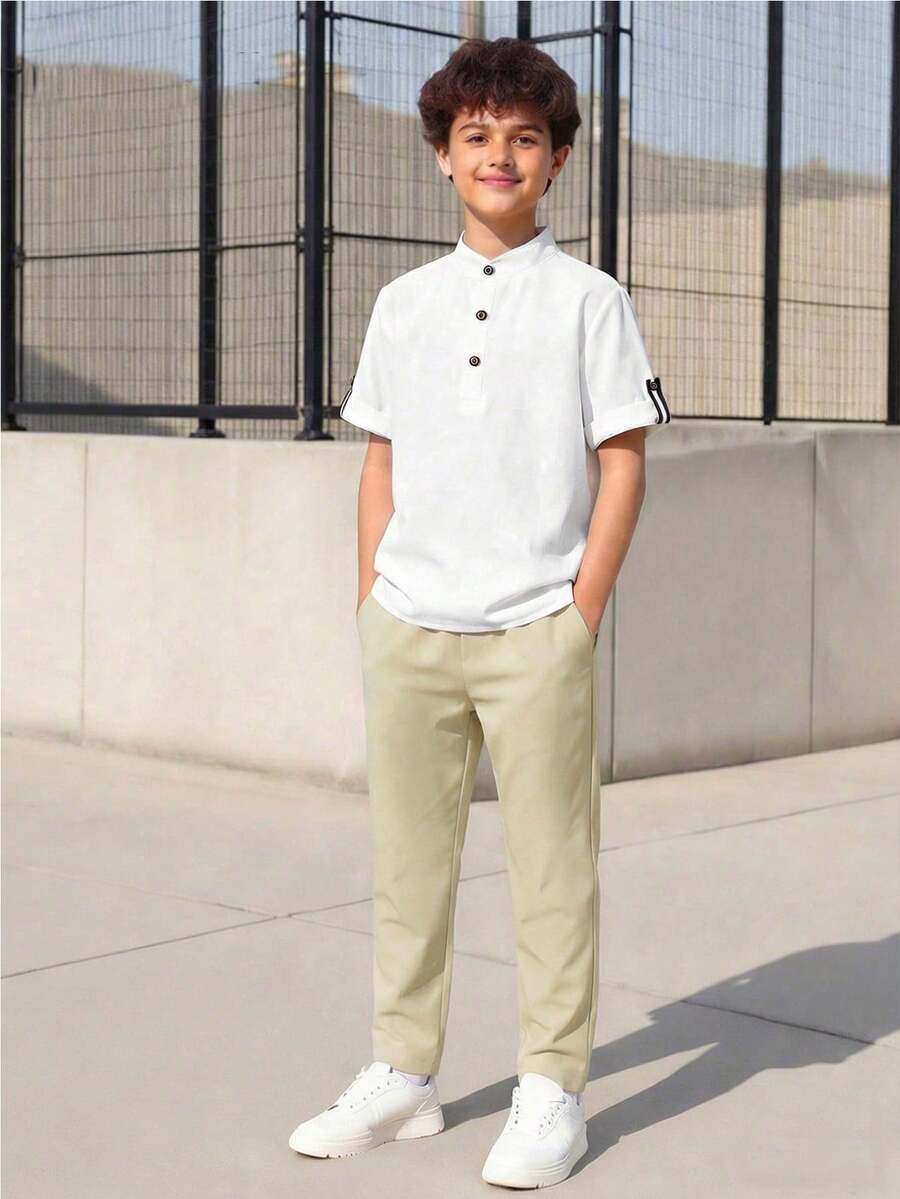 Vacaura 2pcs/Set Tween BoysSummer Stand Collar Casual Versatile Shirt + Solid Color Simple Pocket Pants Outfit, Suitable For Daily Wear And Outdoor - Apricot - View 1