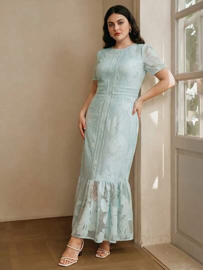 Anewsta Đầm cỡ lớn thanh lịch dành cho phụ nữ, tay áo cánh hoa, eo ren, vạt đuôi cá, thêu hoa tinh tế, chất liệu xuyên thấu.