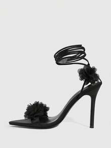 CUCCOO SZL Giày nữ màu đen satin, họa tiết hoa satin, kiểu dáng thời trang, buộc dây phía sau, sandal cao gót mũi nhọn gợi cảm. - Màu đen - Xem 5