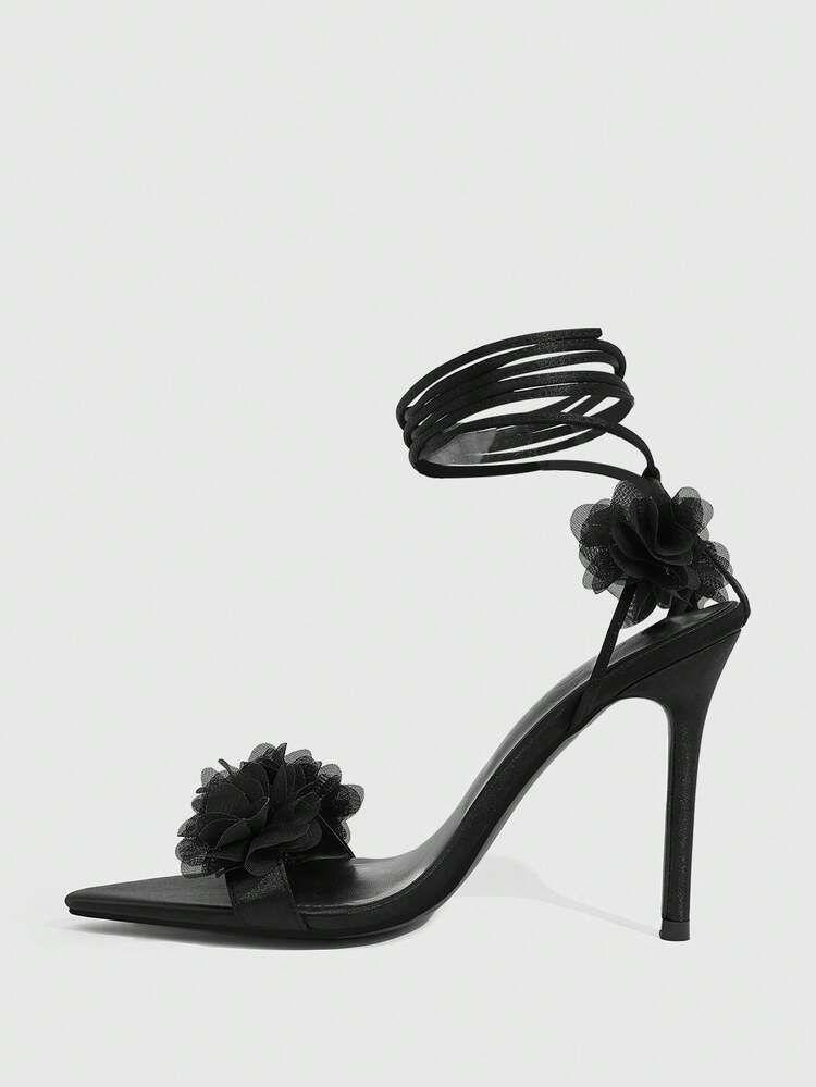 CUCCOO SZL Women Shoes Black Satin Satin Flower Decoration Back Lace-Up Fashionable Sexy Pointed Stiletto Sandals Prom Heels