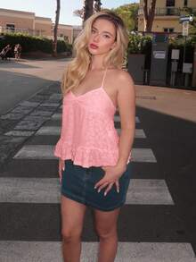 Turnttoni Solid Color Lace Patchwork Twist Front Camisole Tank Top, Fashionable Summer - Pink - View 4