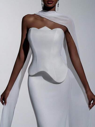 Elitara Vestido elegante y lujoso con volantes asimétricos, corpiño bandeau, cintura de corsé y bajo de cola de sirena, adecuado para varias ocasiones como vestidos de novia y vestidos de gala para mujeres