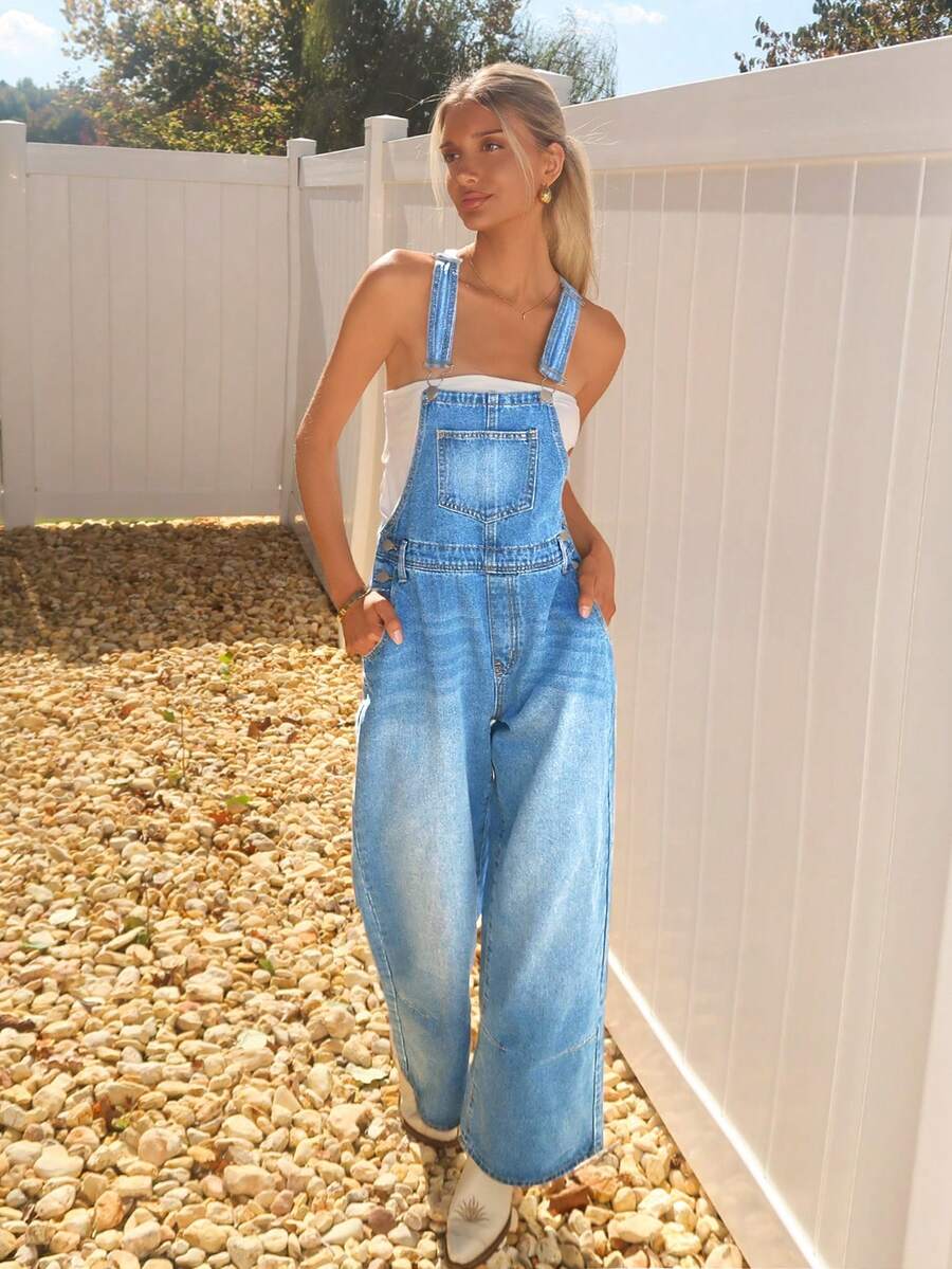 Sydney Algeri Quần yếm denim ống rộng thiết kế túi rộng thoải mái cho nữ - Giặt nhẹ - Xem 1