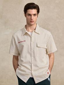Courvante Men's Striped Short Sleeve Single-Breasted Casual Pocket Cream Button Up Bowling Work Shirt Pinstripe, Woven Fabric Collar White, Daily Commute - White - View 9