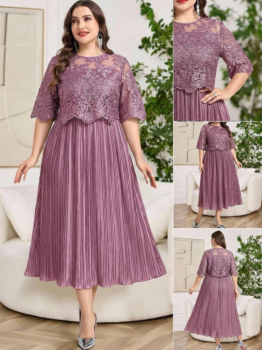 Reflora Plus Size Women Purple Round Neck Mesh Elegant Celestial Wedding Guest Dinner Formal Dress Autumn Party Ball Gown Evening Long Outfit Fall - Purple - View 1