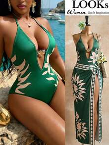 Lureya Multicolor Boho Halter Neck Sleeveless Two-Piece Outfit With Long Skirt And Plant Print Women Vacation Outfit Sets One Piece Swimsuit Women With Cover Up - Multicolor - View 6