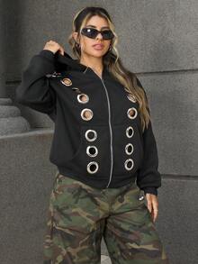 Rayane Ketlyn 时尚休闲孔眼设计宽松前开式保暖内衬连帽运动衫 - 黑色 - 查看 2